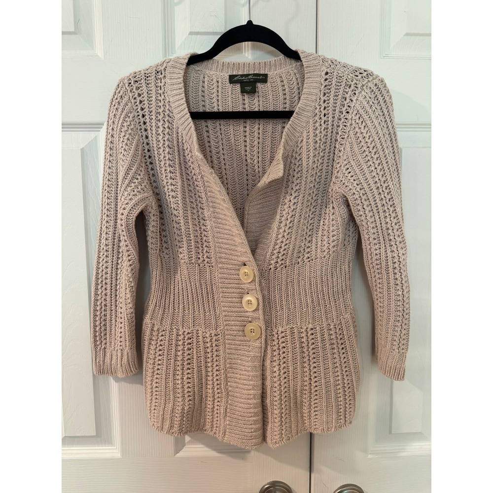 Eddie Bauer Vintage Beige 100% Cotton Pointelle Knit ButtonFront Cardigan Medium